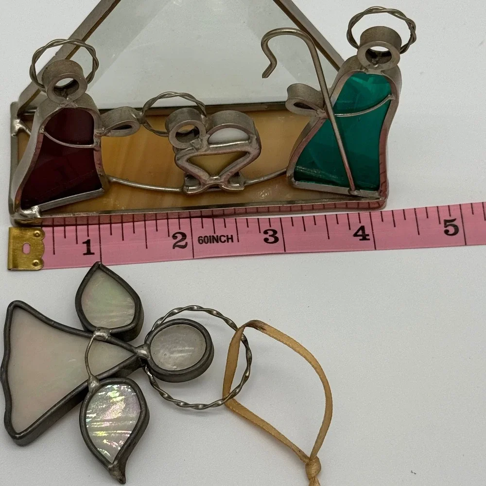 Vintage Stained Glass Nativity Scene Set Miniature Creche & Angel Ornament 4.5x4